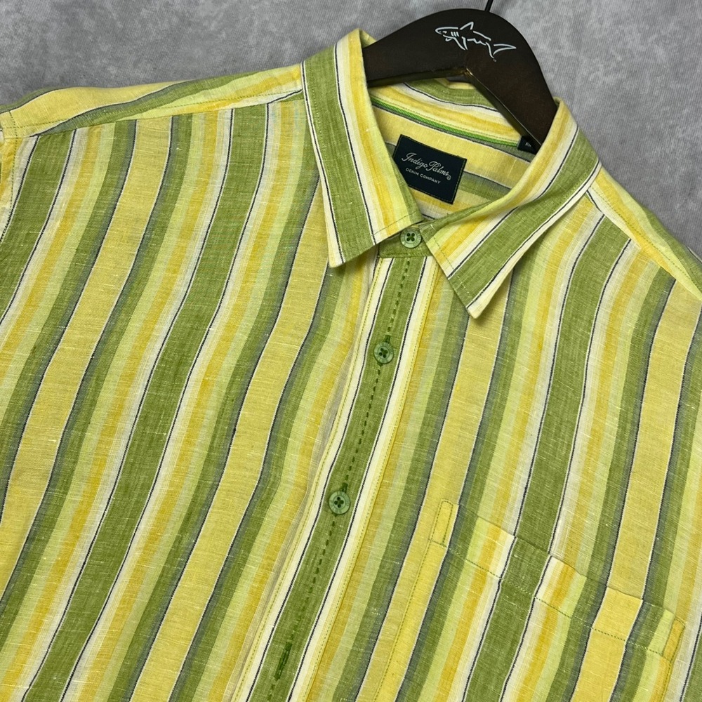 Indigo Palms Denim Co Mens Green Yellow Striped Short Sleeve Linen‎ Shirt XL